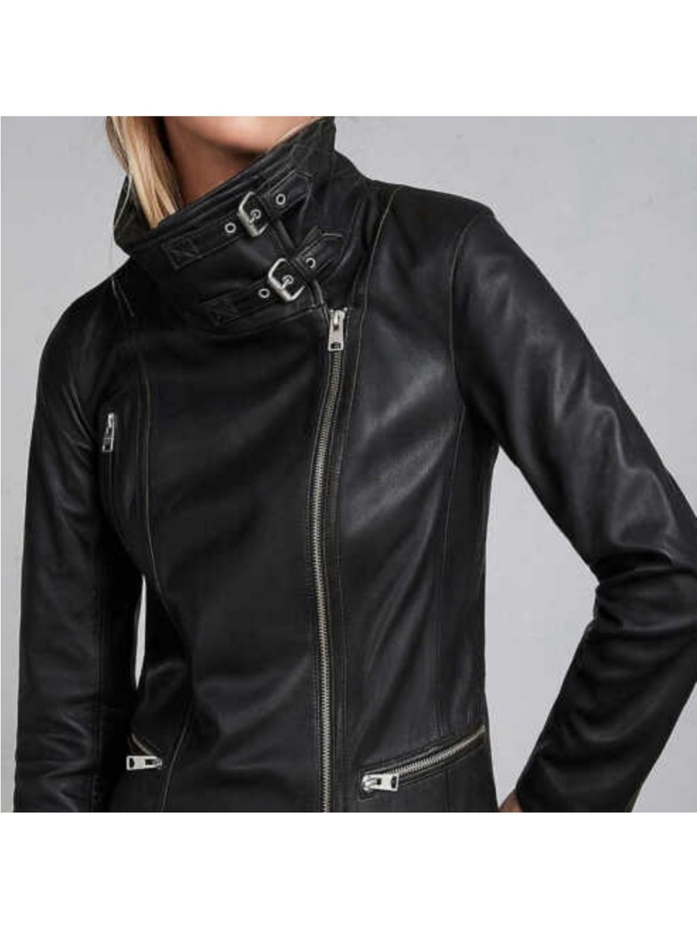 All Saints Bales Black Leather Motorcycle Biker Moto Jacket with Silver Zippers